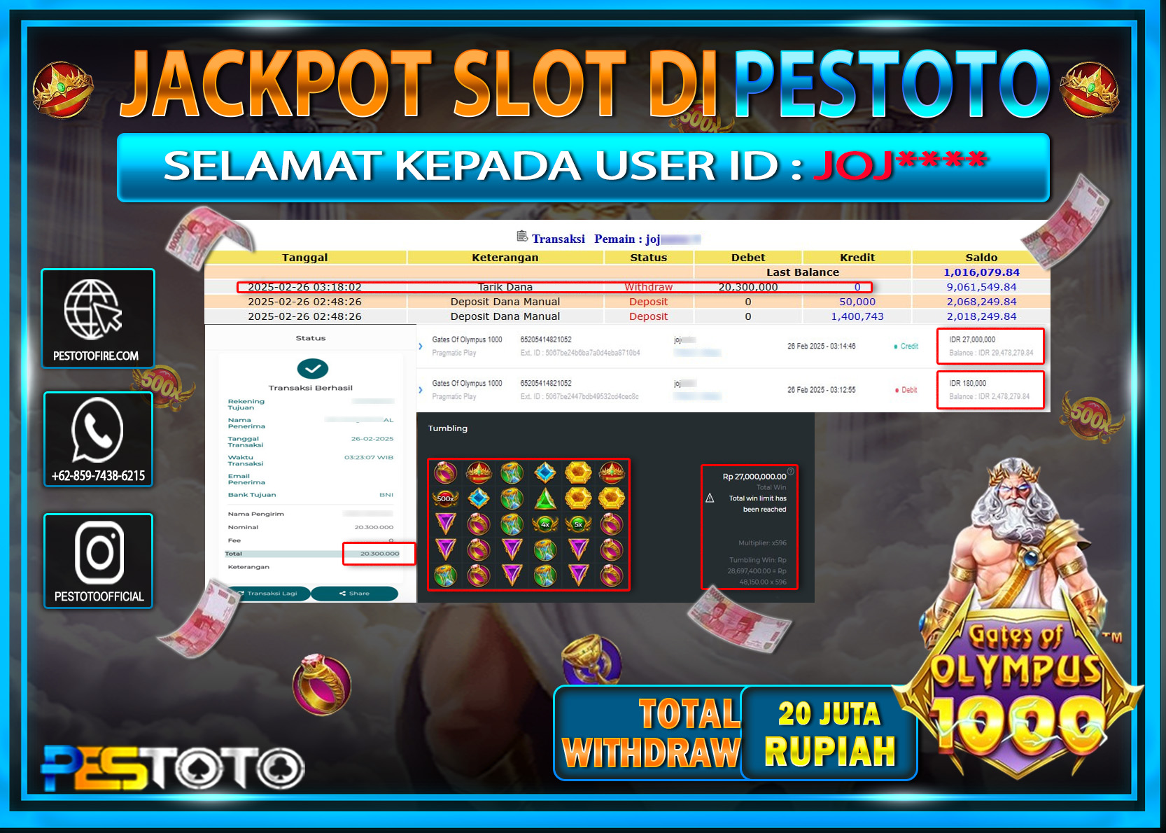 HANYA DI PESTOTO JP PASTI DI BAYAR LUNAS DAN CEPAT!!!!!! JP SLOT { GATES OF OLYMPUS 1000 } Rp. 20.300.000!!!!!