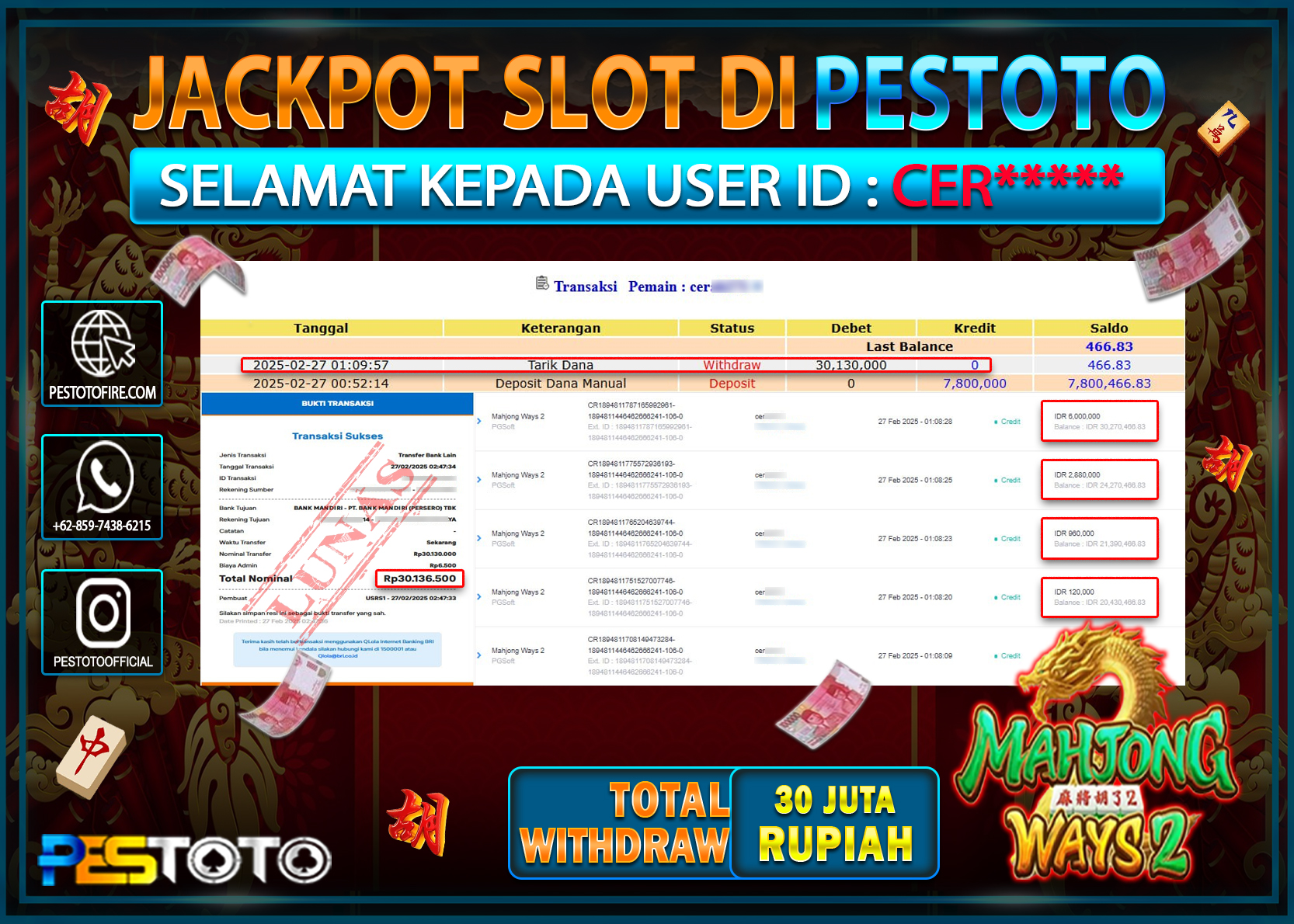 HANYA DI PESTOTO JP PASTI DI BAYAR LUNAS DAN CEPAT!!!!!! JP SLOT { MAHJONG WAYS 2 } Rp. 30.000.000!!!!!