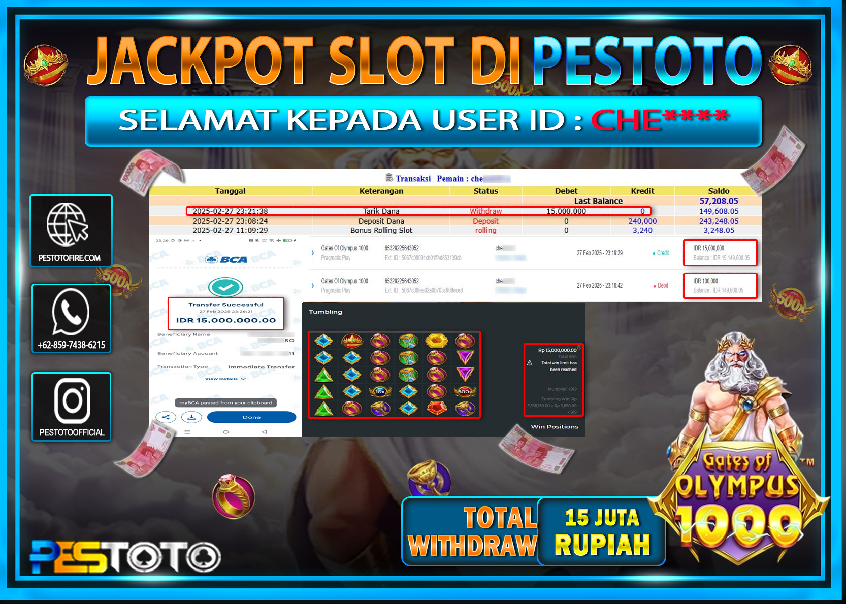 HANYA DI PESTOTO JP PASTI DI BAYAR LUNAS DAN CEPAT!!!!!! JP SLOT { GATES OF OLYMPUS 1000 } Rp. 15.000.000!!!!!