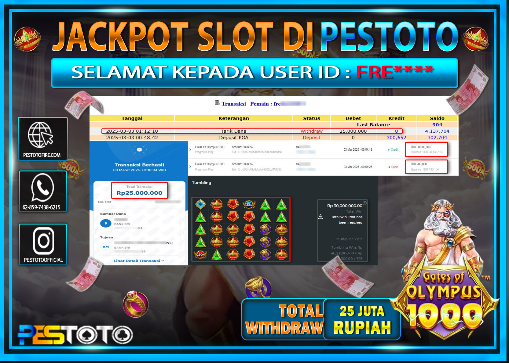 HANYA DI PESTOTO JP PASTI DI BAYAR LUNAS DAN CEPAT!!!!!! JP SLOT { GATES OF OLYMPUS 1000 } Rp. 25.000.000!!!!!