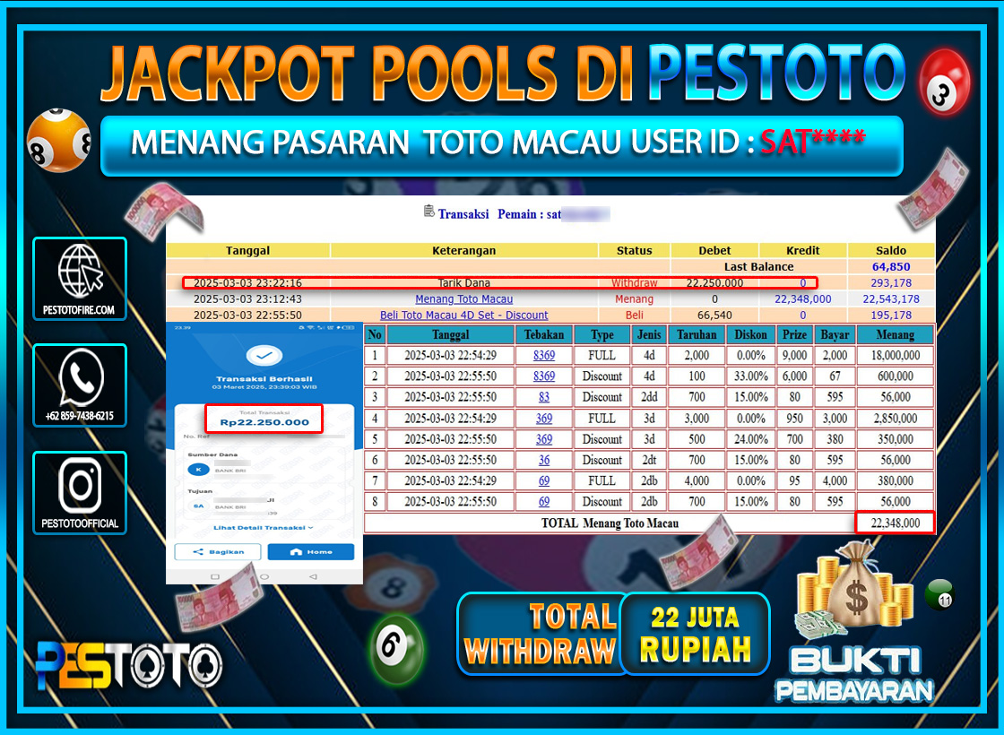 HANYA DI PESTOTO JP PASTI DI BAYAR LUNAS DAN CEPAT!!!!!! JP TOGEL { TOTO MACAU } Rp. 22.250.000!!!!!