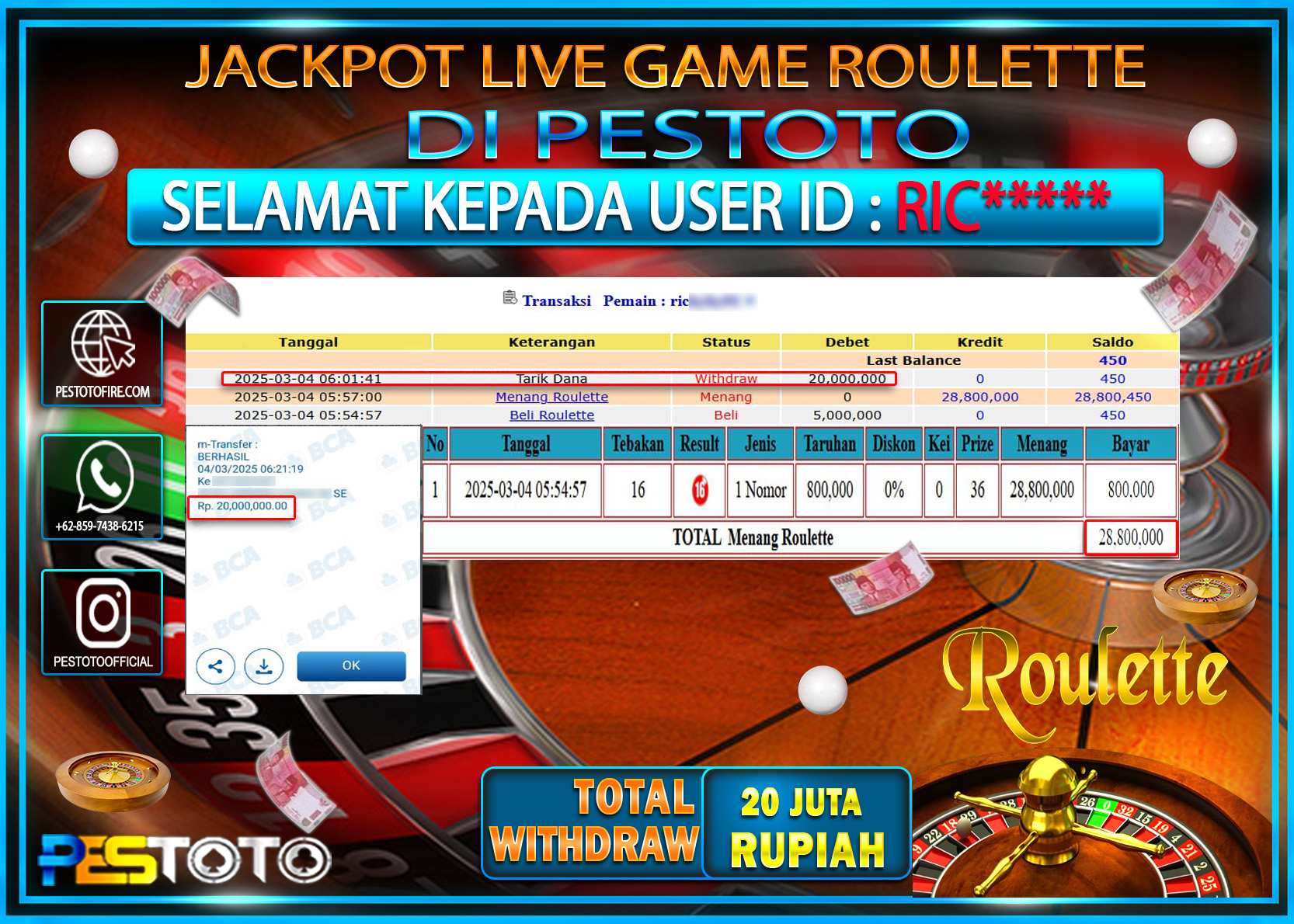 HANYA DI PESTOTO JP PASTI DI BAYAR LUNAS DAN CEPAT!!!!!! JP LIVE GAME { ROULETTE } Rp. 20.000.000!!!!!