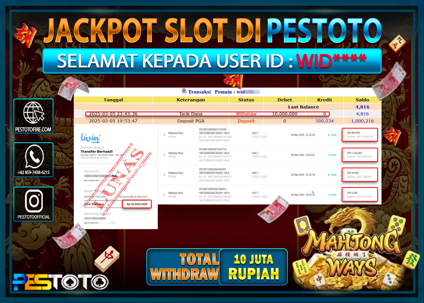 HANYA DI PESTOTO JP PASTI DI BAYAR LUNAS DAN CEPAT!!!!!! JP SLOT { MAHJONG WAYS } Rp. 10.000.000!!!!!