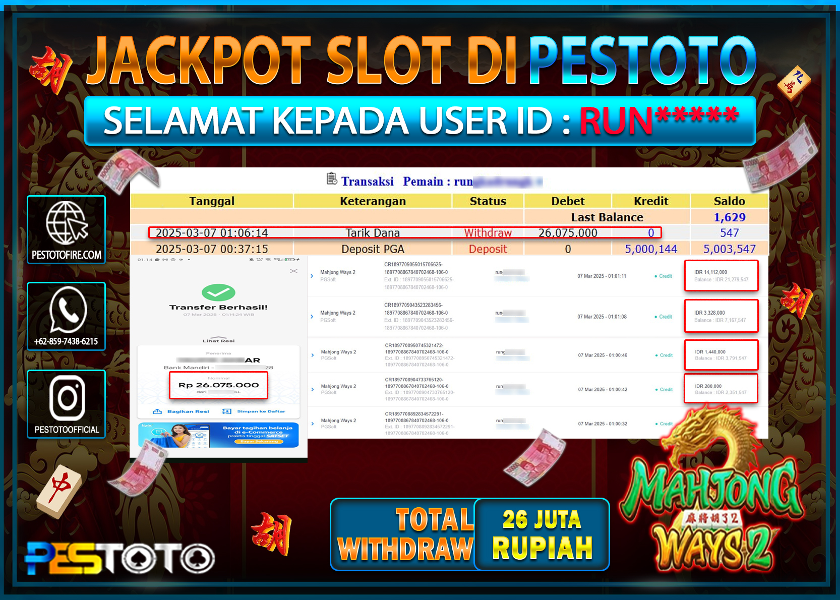 HANYA DI PESTOTO JP PASTI DI BAYAR LUNAS DAN CEPAT!!!!!! JP SLOT { MAHJONG WAYS 2 } Rp. 26.000.000!!!!!