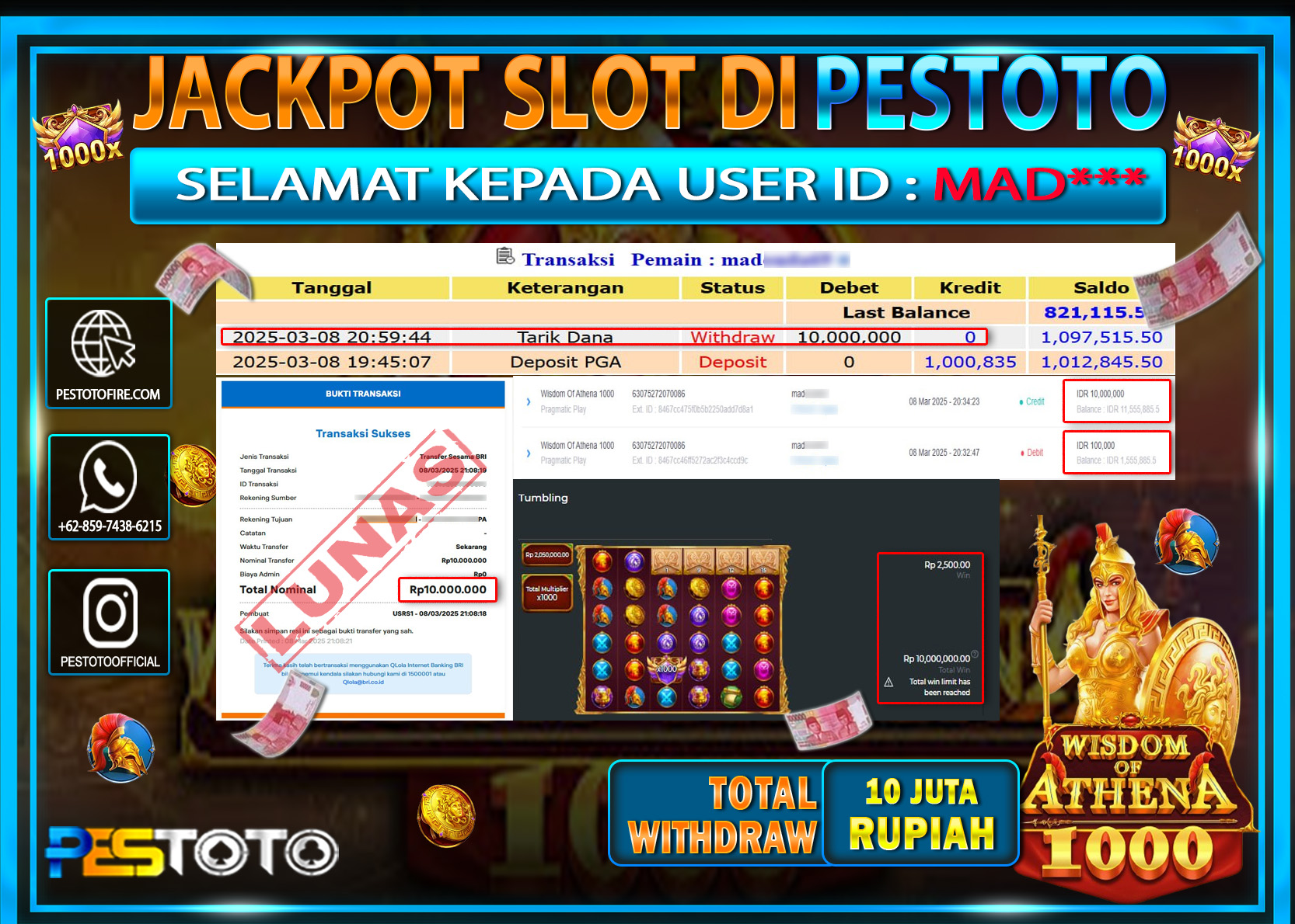 HANYA DI PESTOTO JP PASTI DI BAYAR LUNAS DAN CEPAT!!!!!! JP SLOT { WISDOM OF ATHENA 1000 } Rp. 10.000.000!!!!!