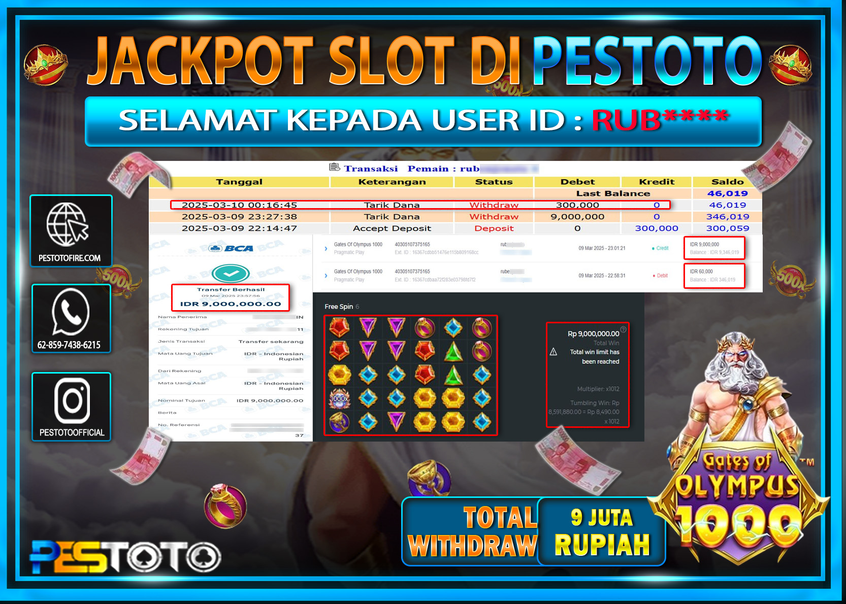 HANYA DI PESTOTO JP PASTI DI BAYAR LUNAS DAN CEPAT!!!!!! JP SLOT { GATES OF OLYMPUS 1000 } Rp. 9.000.000!!!!!