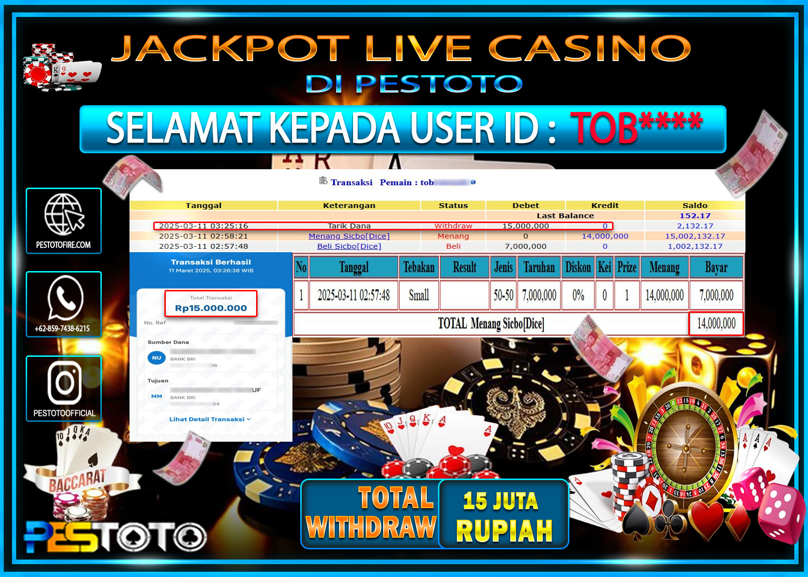 HANYA DI PESTOTO JP PASTI DI BAYAR LUNAS DAN CEPAT!!!!!! JP LIVE GAMES { SICBO DICE } Rp. 15.000.000!!!!!