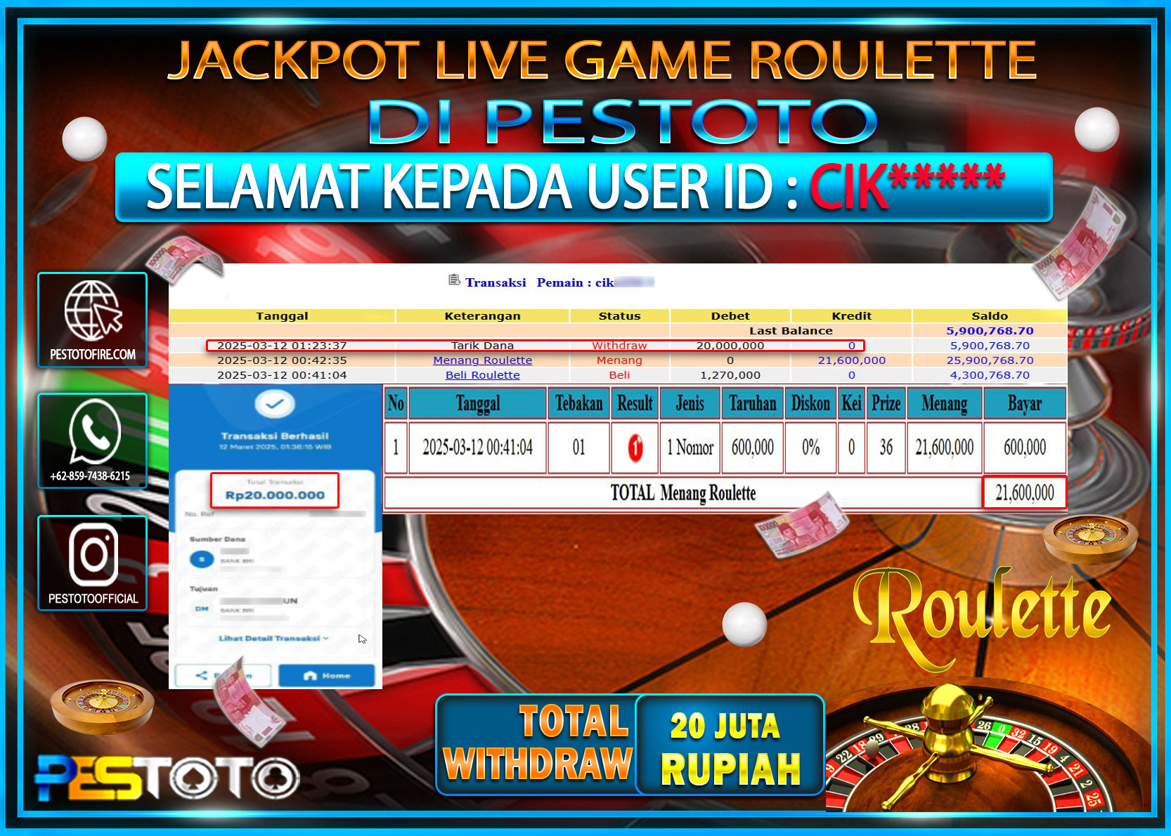 HANYA DI PESTOTO JP PASTI DI BAYAR LUNAS DAN CEPAT!!!!!! JP LIVE GAME { ROULETTE } Rp. 20.000.000!!!!!