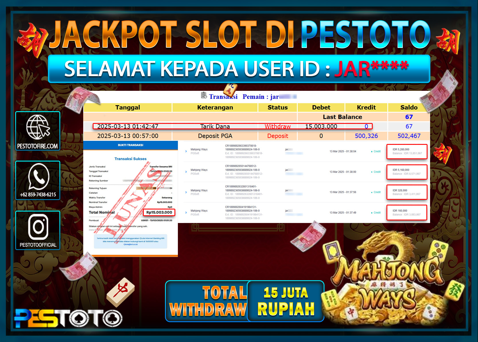 HANYA DI PESTOTO JP PASTI DI BAYAR LUNAS DAN CEPAT!!!!!! JP SLOT { MAHJONG WAYS } Rp. 15.000.000!!!!!