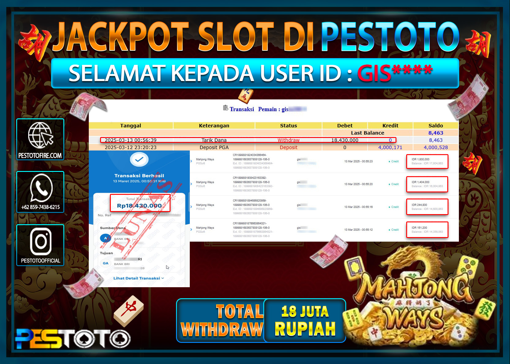HANYA DI PESTOTO JP PASTI DI BAYAR LUNAS DAN CEPAT!!!!!! JP SLOT { MAHJONG WAYS } Rp. 18.430.000!!!!!