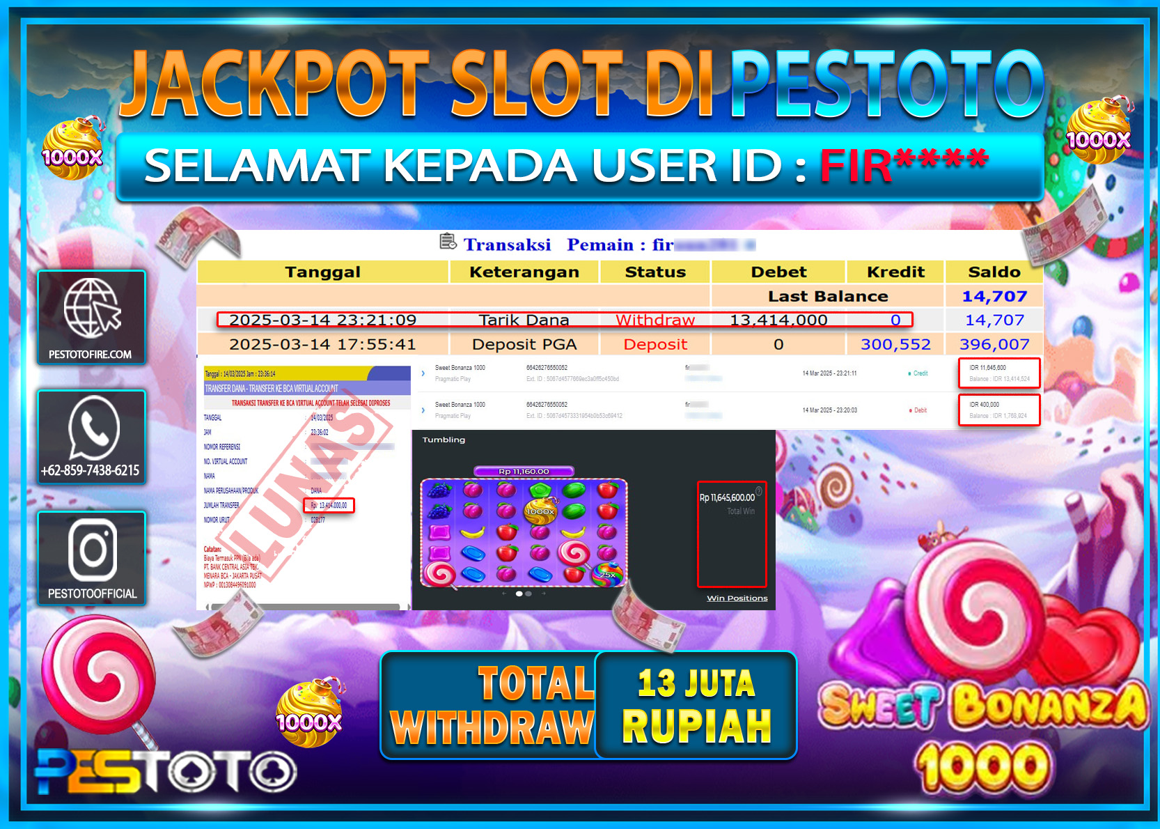 HANYA DI PESTOTO JP PASTI DI BAYAR LUNAS DAN CEPAT!!!!!! JP SLOT { SWEET BONANZA 1000 } Rp. 13.414.000!!!!!