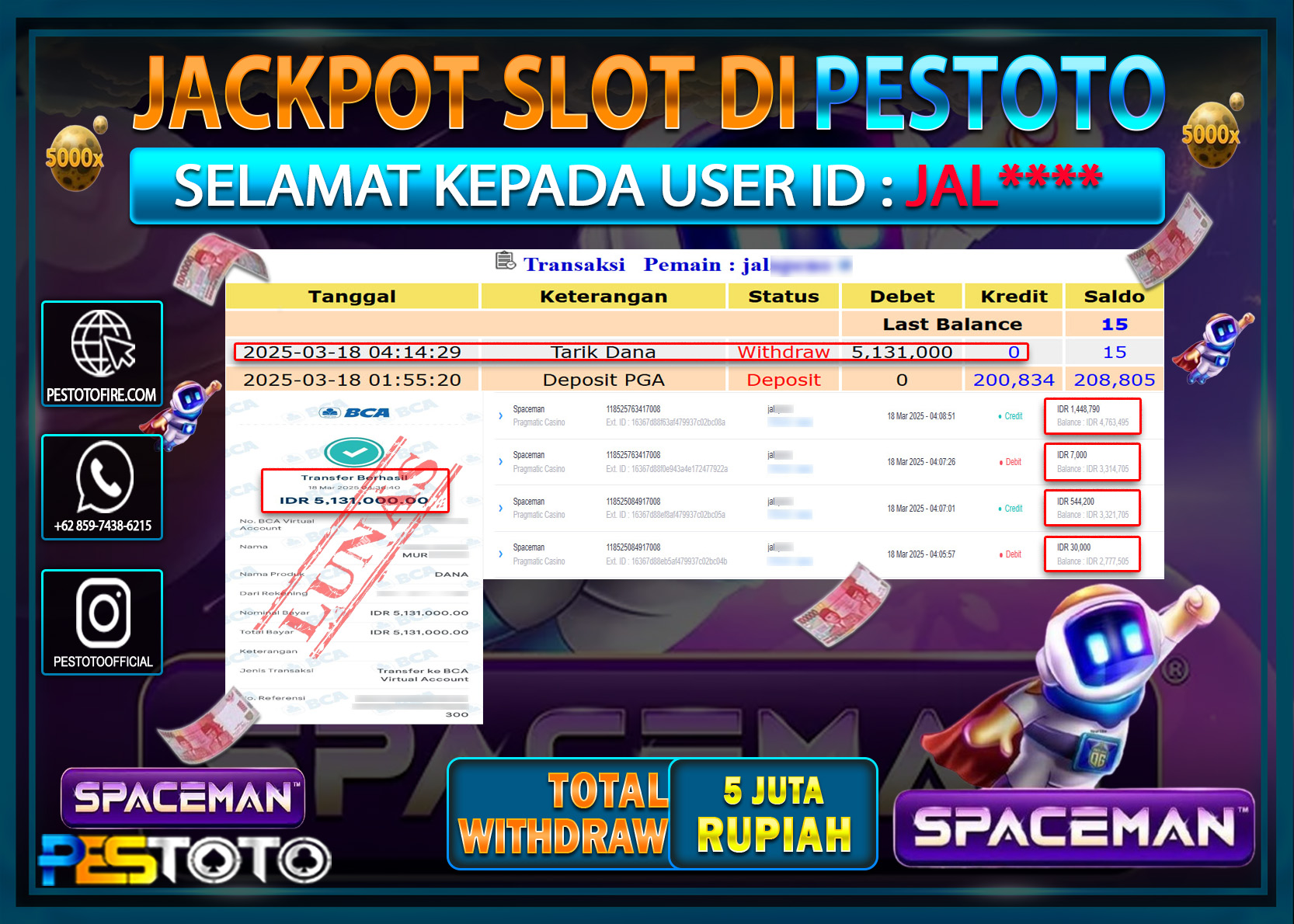 HANYA DI PESTOTO JP PASTI DI BAYAR LUNAS DAN CEPAT!!!!!! JP PRAGMATIC CASINO { SPACEMAN } Rp. 5.131.000!!!!!