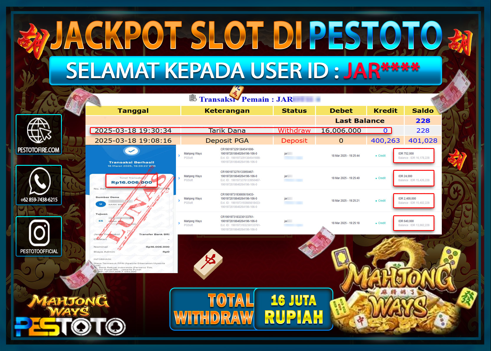 HANYA DI PESTOTO JP PASTI DI BAYAR LUNAS DAN CEPAT!!!!!! JP SLOT { MAHJONG WAYS } Rp. 16.000.000!!!!!