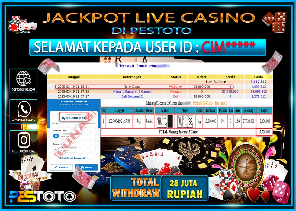 HANYA DI PESTOTO JP PASTI DI BAYAR LUNAS DAN CEPAT!!!!!! JP LIVE GAMES { BACCARAT } Rp. 25.000.000!!!!!