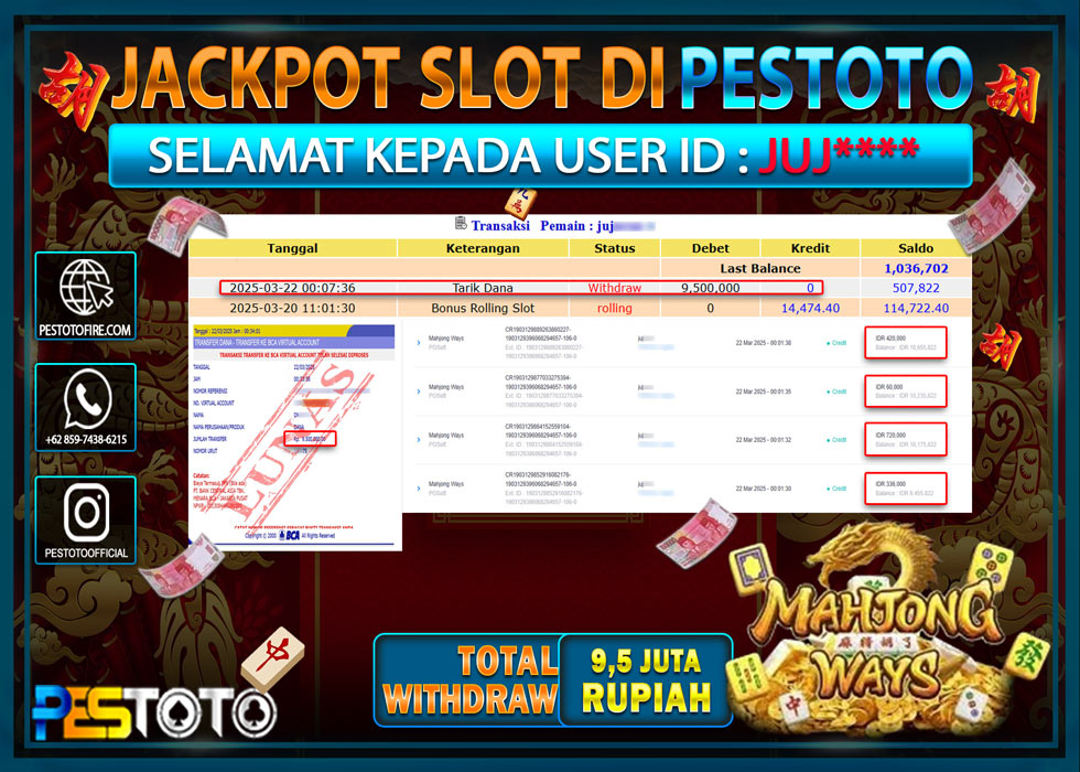 HANYA DI PESTOTO JP PASTI DI BAYAR LUNAS DAN CEPAT!!!!!! JP SLOT { MAHJONG WAYS } Rp. 9.500.000!!!!!
