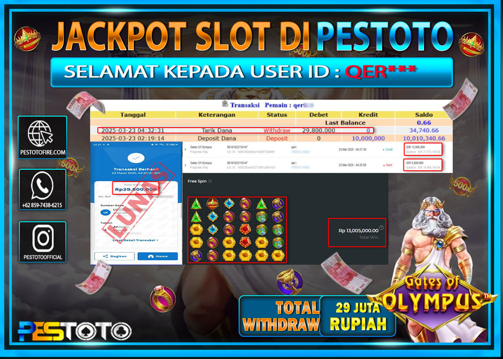 HANYA DI PESTOTO JP PASTI DI BAYAR LUNAS DAN CEPAT!!!!!! JP SLOT { GATES OF OLYMPUS } Rp. 29.000.000!!!!!