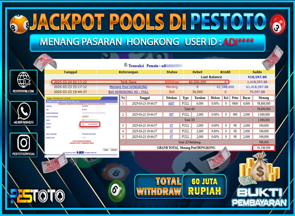 HANYA DI PESTOTO JP PASTI DI BAYAR LUNAS DAN CEPAT!!!!!! JP TOGEL { HONGKONG } Rp. 60.000.000!!!!!
