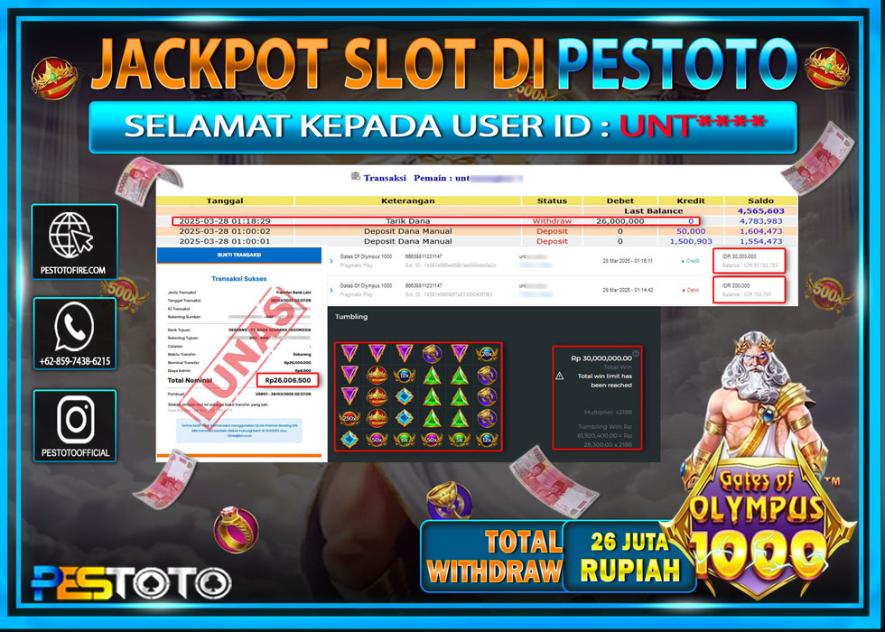 HANYA DI PESTOTO JP PASTI DI BAYAR LUNAS DAN CEPAT!!!!!! JP SLOT { GATES OF OLYMPUS 1000 } Rp. 26.000.000!!!!!