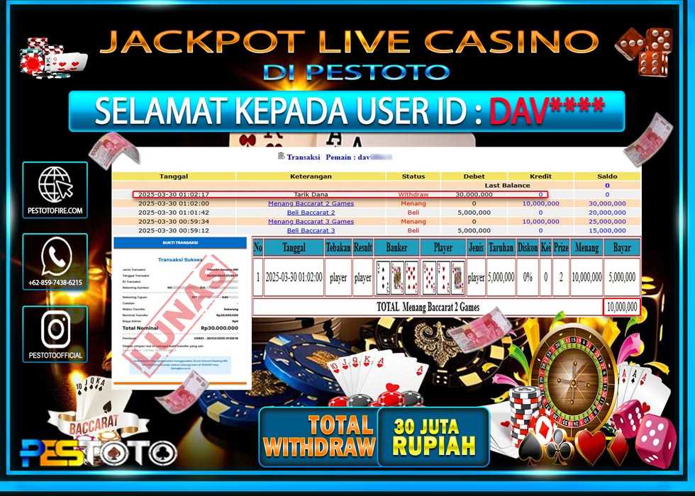 HANYA DI PESTOTO JP PASTI DI BAYAR LUNAS DAN CEPAT!!!!!! JP LIVE GAMES { BACCARAT } Rp. 30.000.000!!!!!