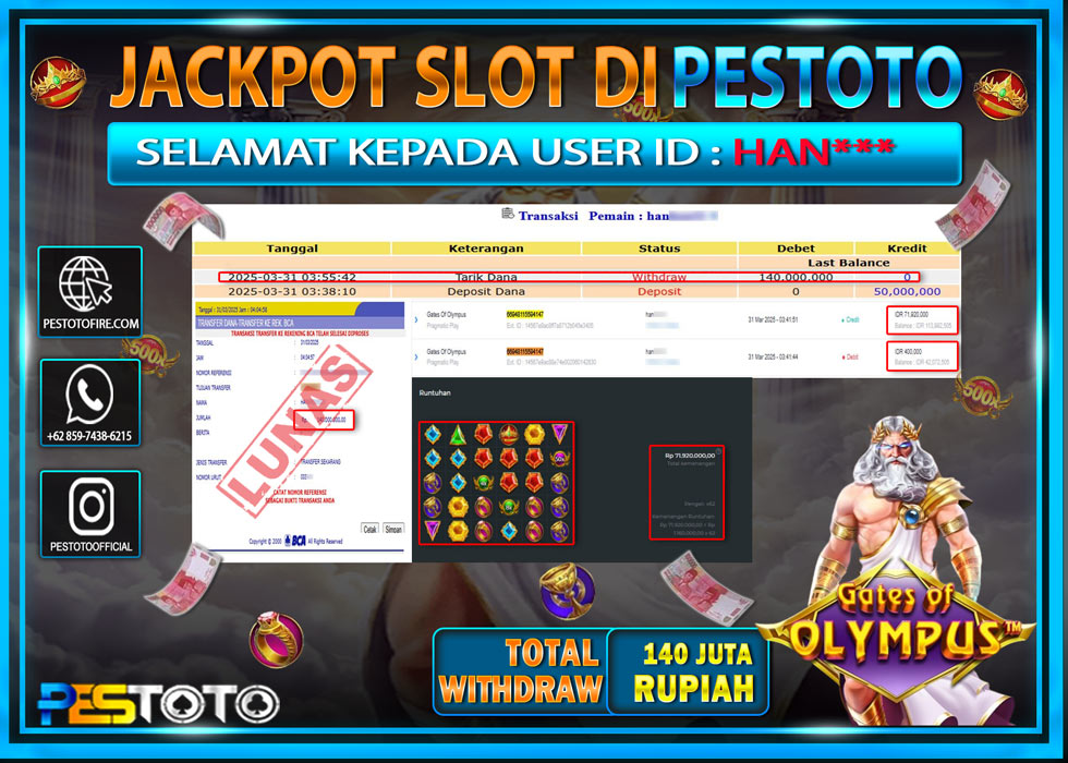 HANYA DI PESTOTO JP PASTI DI BAYAR LUNAS DAN CEPAT!!!!!! JP SLOT { GATES OF OLYMPUS } Rp. 140.000.000!!!!!