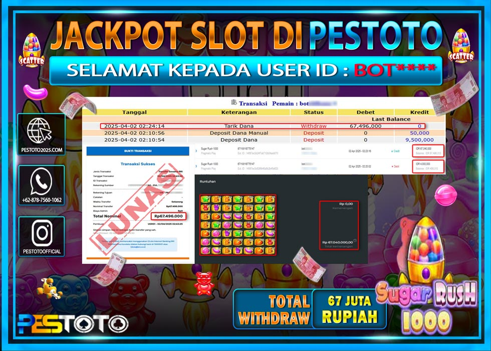 HANYA DI PESTOTO JP PASTI DI BAYAR LUNAS DAN CEPAT!!!!!! JP SLOT { SUGAR RUSH 1000 } Rp. 67.496.000!!!!!
