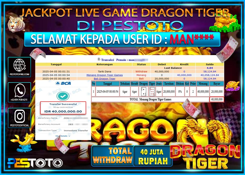 HANYA DI PESTOTO JP PASTI DI BAYAR LUNAS DAN CEPAT!!!!!! JP LIVE GAMES { DRAGON TIGER } Rp. 40.000.000!!!!!