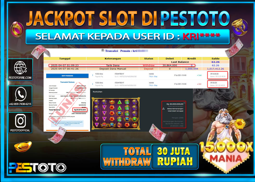 HANYA DI PESTOTO JP PASTI DI BAYAR LUNAS DAN CEPAT!!!!!! JP SLOT { OLYMPUS 15.000x MANIA  } Rp. 30.864.000!!!!!
