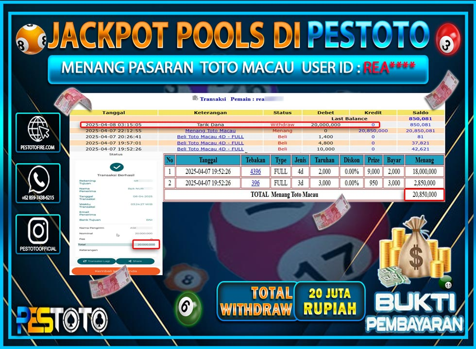 HANYA DI PESTOTO JP PASTI DI BAYAR LUNAS DAN CEPAT!!!!!! JP TOGEL { TOTO MACAU } Rp. 20.000.000!!!!!