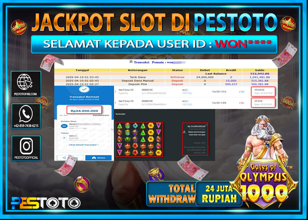 HANYA DI PESTOTO JP PASTI DI BAYAR LUNAS DAN CEPAT!!!!!! JP SLOT { GATES OF OLYMPUS 1000 } Rp. 24.000.000!!!!!