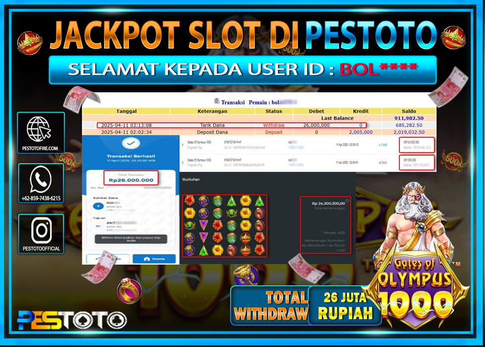 HANYA DI PESTOTO JP PASTI DI BAYAR LUNAS DAN CEPAT!!!!!! JP SLOT { GATES OF OLYMPUS 1000 } Rp. 26.000.000!!!!!