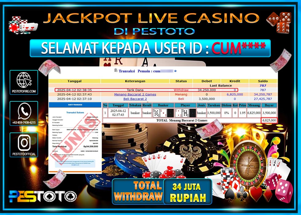 HANYA DI PESTOTO JP PASTI DI BAYAR LUNAS DAN CEPAT!!!!!! JP LIVE GAMES ( BACARRAT )  Rp. 34.256.500!!!!!