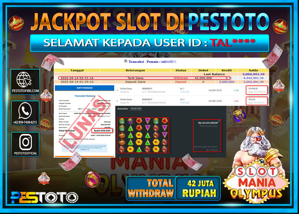 HANYA DI PESTOTO JP PASTI DI BAYAR LUNAS DAN CEPAT!!!!!! JP SLOT { SLOT MANIA OLYMPUS } Rp. 42.000.000!!!!!