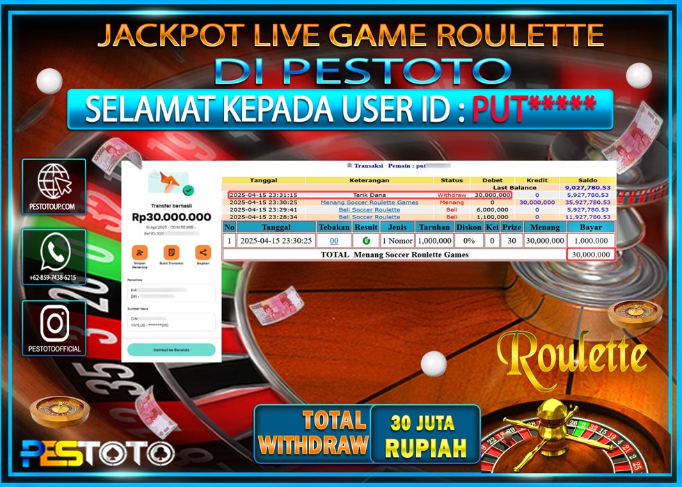HANYA DI PESTOTO JP PASTI DI BAYAR LUNAS DAN CEPAT!!!!!! JP LIVE GAMES { ROULETTE } Rp. 30.000.000!!!!!