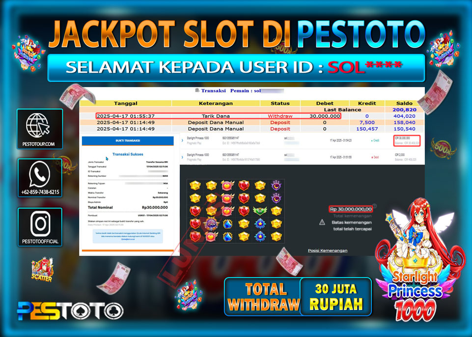 HANYA DI PESTOTO JP PASTI DI BAYAR LUNAS DAN CEPAT!!!!!! JP SLOT { STARLIGHT PRINCESS 1000 } Rp. 30.000.000!!!!!