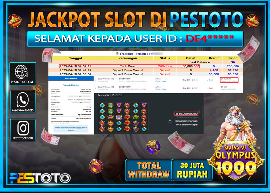 HANYA DI PESTOTO JP PASTI DI BAYAR LUNAS DAN CEPAT!!!!!! JP SLOT { GATES OF OLYMPUS 1000 } Rp. 30.000.000!!!!!