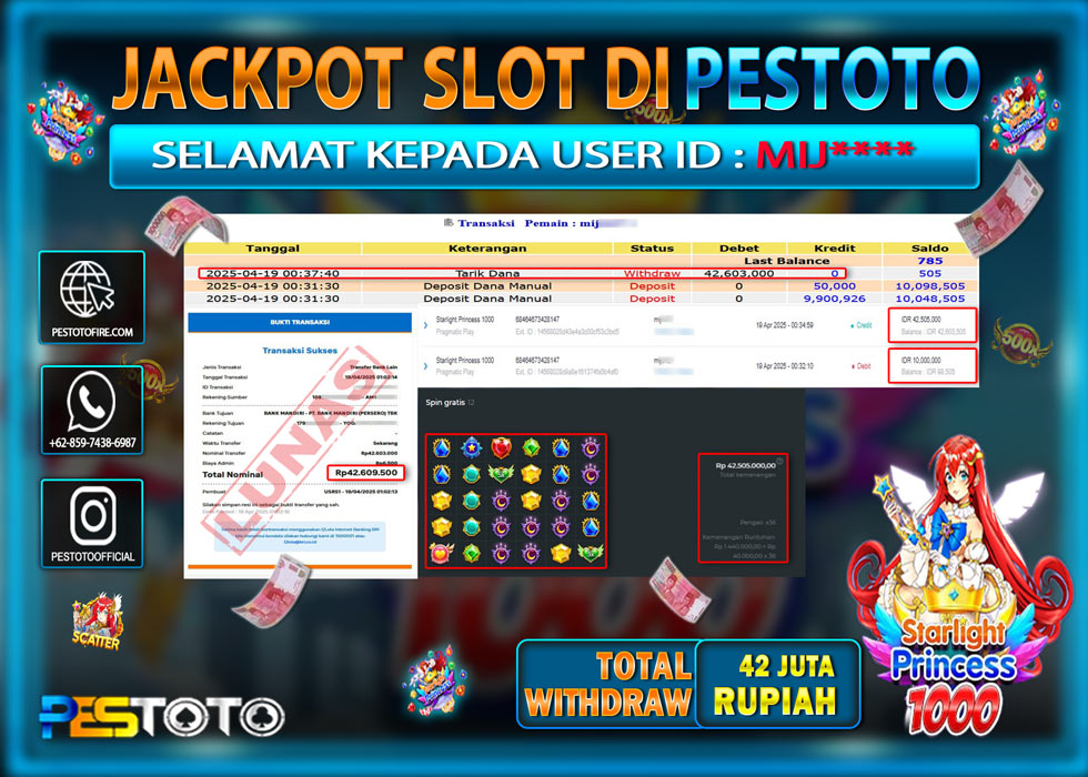 HANYA DI PESTOTO JP PASTI DI BAYAR LUNAS DAN CEPAT!!!!!! JP SLOT { STARLIGHT PRINCESS 1000 } Rp. 42.603.000!!!!!