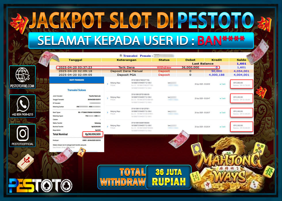 HANYA DI PESTOTO JP PASTI DI BAYAR LUNAS DAN CEPAT!!!!!! JP SLOT { MAHJONG WAYS } Rp. 36.000.000!!!!!