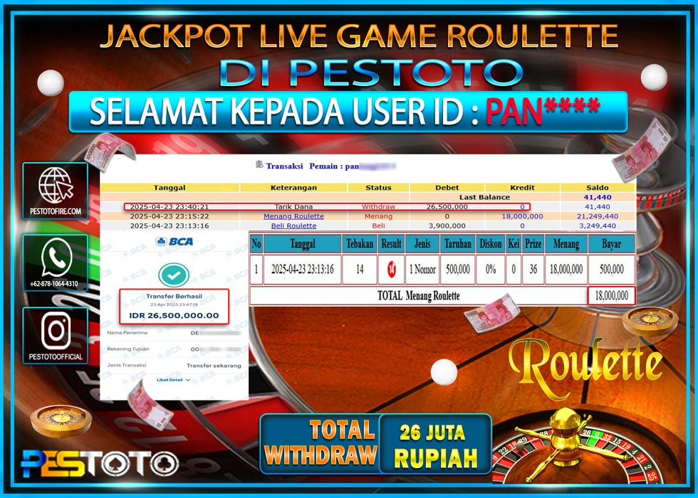 HANYA DI PESTOTO JP PASTI DI BAYAR LUNAS DAN CEPAT!!!!!! JP LIVE GAMES { ROULETTE } Rp. 26.500.000!!!!!