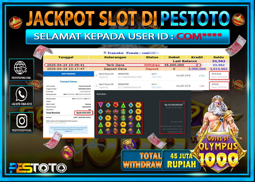 HANYA DI PESTOTO JP PASTI DI BAYAR LUNAS DAN CEPAT!!!!!! JP SLOT { GATES OF OLYMPUS 1000 } Rp. 45.000.000!!!!!