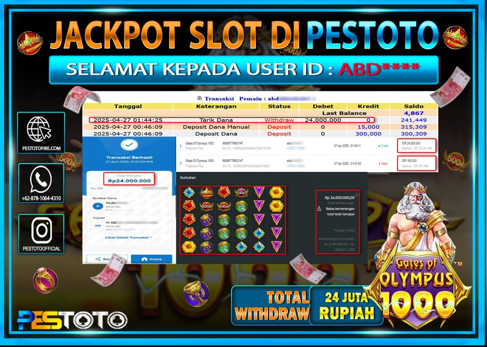 HANYA DI PESTOTO JP PASTI DI BAYAR LUNAS DAN CEPAT!!!!!! JP SLOT { GATES OF OLYMPUS 1000 } Rp. 24.000.000!!!!!