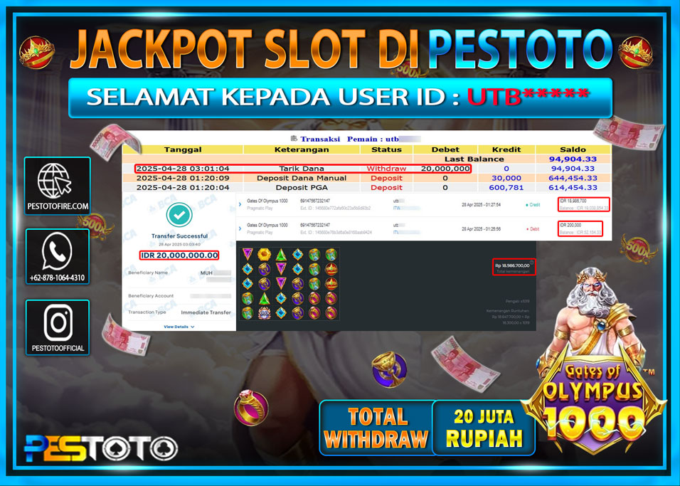 HANYA DI PESTOTO JP PASTI DI BAYAR LUNAS DAN CEPAT!!!!!! JP SLOT { GATES OF OLYMPUS 1000 } Rp. 20.000.000!!!!!