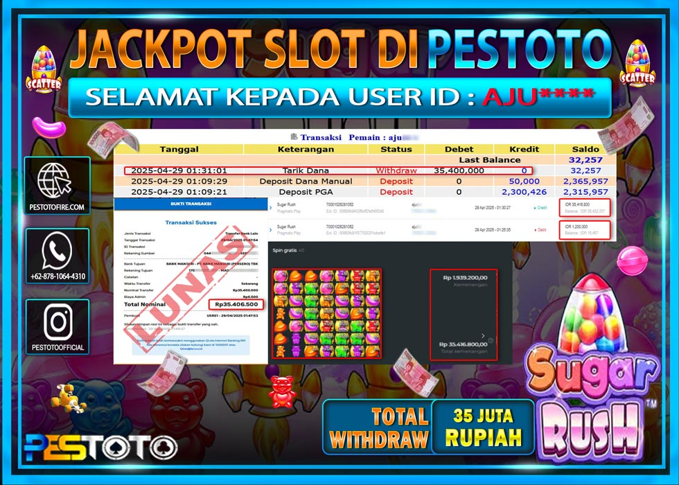 HANYA DI PESTOTO JP PASTI DI BAYAR LUNAS DAN CEPAT!!!!!! JP SLOT { SUGAR RUSH } Rp. 35.400.000!!!!!