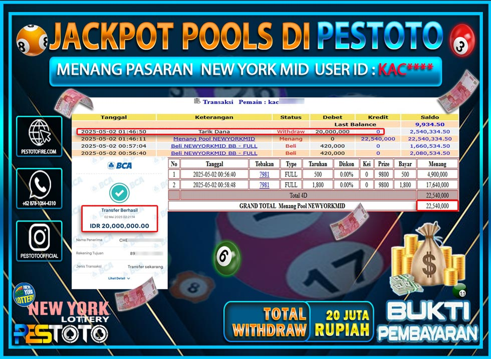HANYA DI PESTOTO JP PASTI DI BAYAR LUNAS DAN CEPAT!!!!!! JP TOGEL { NEW YORK MIDDAY } Rp. 20.000.000!!!!!