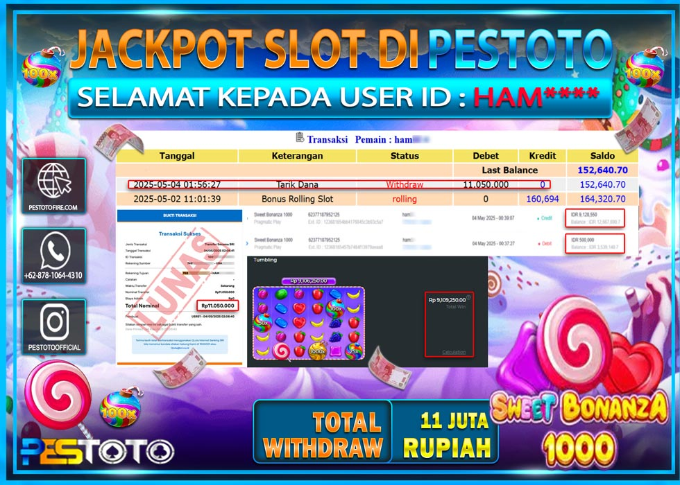 HANYA DI PESTOTO JP PASTI DI BAYAR LUNAS DAN CEPAT!!!!!! JP SLOT { SWEET BONANZA 1000 } Rp. 11.050.000!!!!!