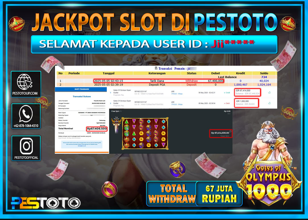HANYA DI PESTOTO JP PASTI DI BAYAR LUNAS DAN CEPAT!!!!!! JP SLOT { GATES OF OLYMPUS SUPER SCATTER } Rp. 67.000.000!!!!!
