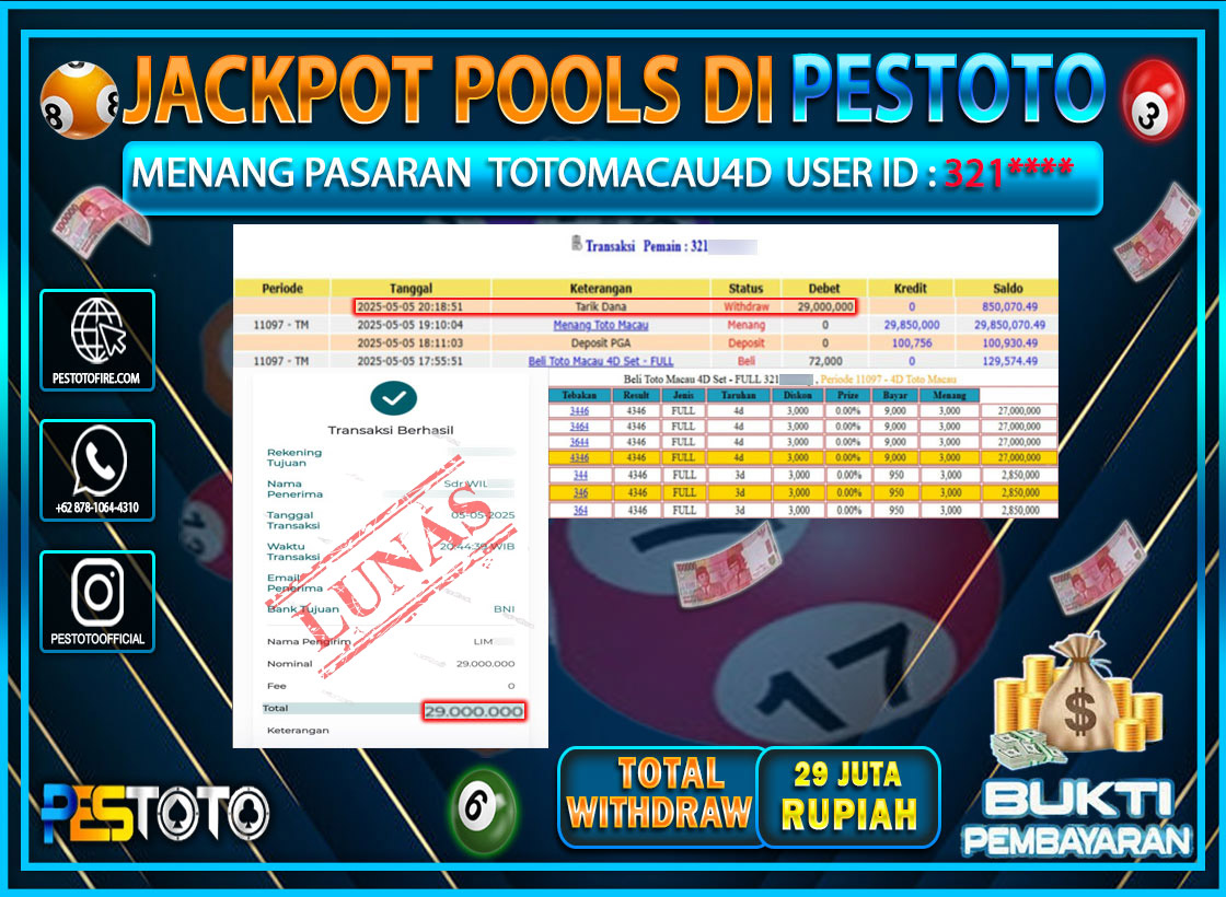 HANYA DI PESTOTO JP PASTI DI BAYAR LUNAS DAN CEPAT!!!!!! JP TOGEL { TOTO MACAU 4D } Rp. 29.000.000!!!!!