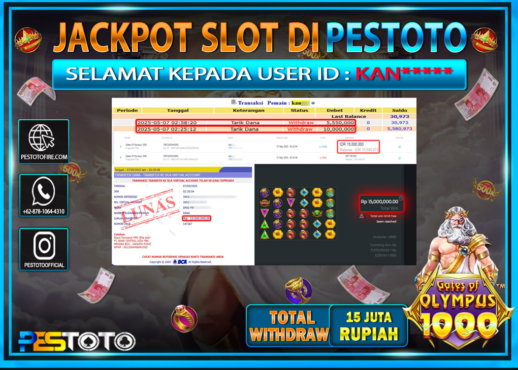 HANYA DI PESTOTO JP PASTI DI BAYAR LUNAS DAN CEPAT!!!!!! JP SLOT { GATES OF OLYMPUS 1000 } Rp. 15.000.000 !!!!