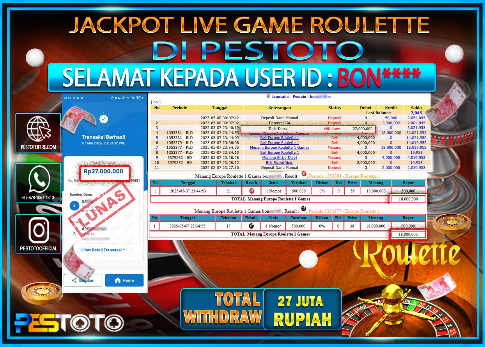 HANYA DI PESTOTO JP PASTI DI BAYAR LUNAS DAN CEPAT!!!!!! JP LIVE GAMES { ROULETTE } Rp. 27.00.000!!!!!