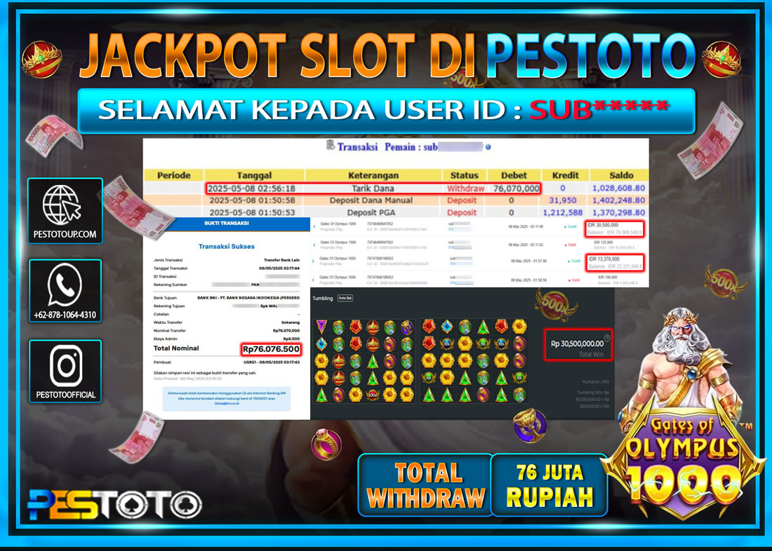 HANYA DI PESTOTO JP PASTI DI BAYAR LUNAS DAN CEPAT!!!!!! JP SLOT { GATES OF OLYMPUS 1000 } Rp. 76.000.000 !!!!