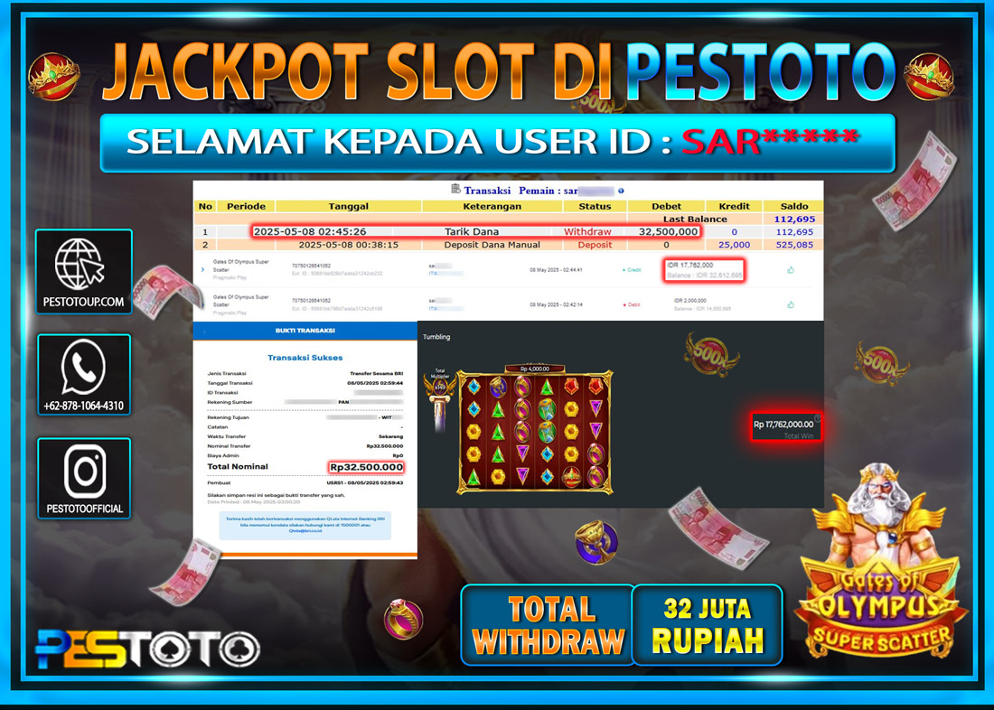 HANYA DI PESTOTO JP PASTI DI BAYAR LUNAS DAN CEPAT!!!!!! JP SLOT { GATES OF OLYMPUS SUPER SCATTER } Rp. 29.000.000 !!!!